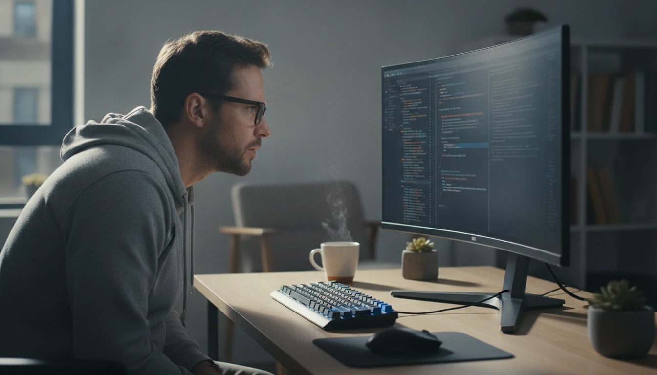Developer at a desk reviewing an unfamiliar codebase on a monitor