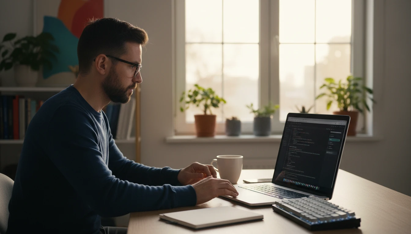 Tech lead reviewing a code submission on a laptop before providing review comments