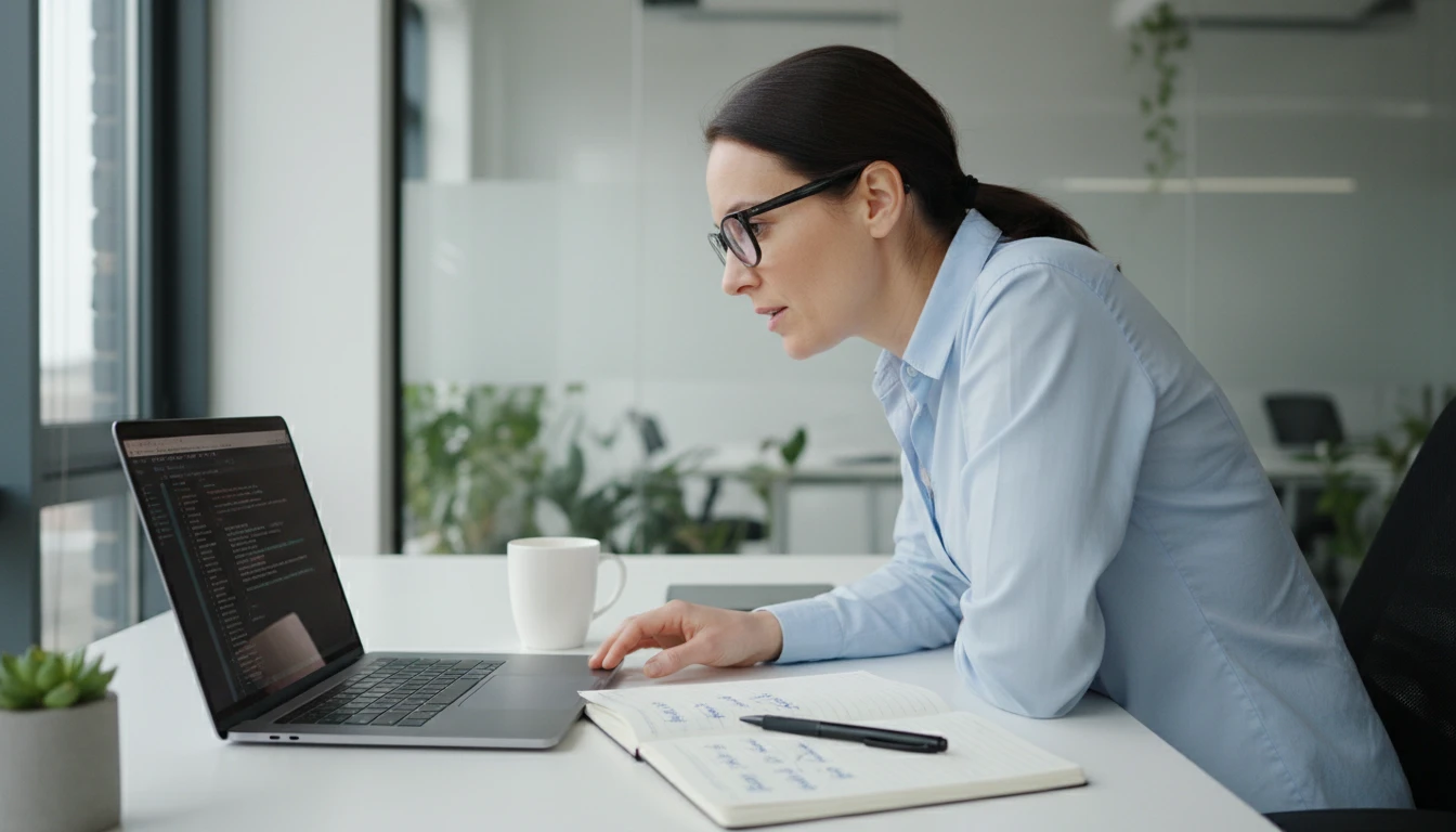 Product manager at a desk trying to understand a code snippet on a laptop