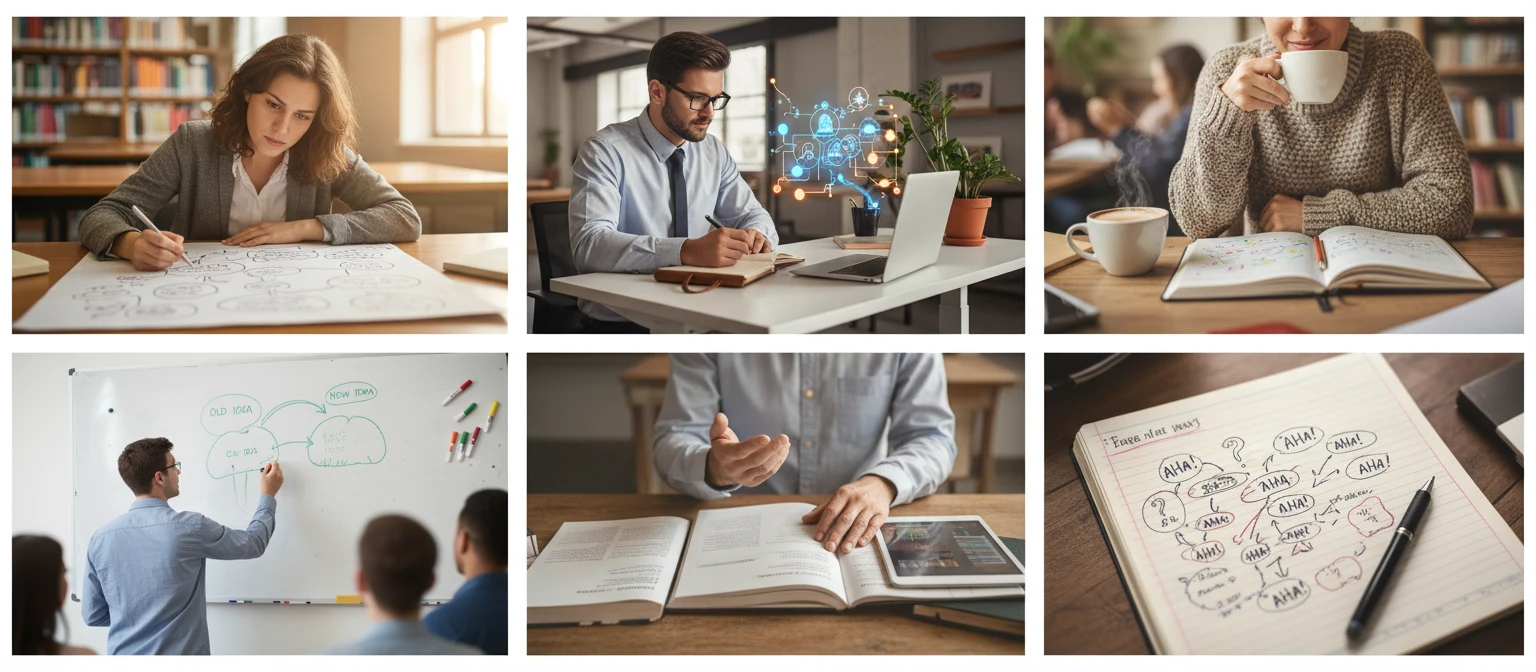 Wide collage of curious learners in various settings — desk, library, café, classroom, outdoors