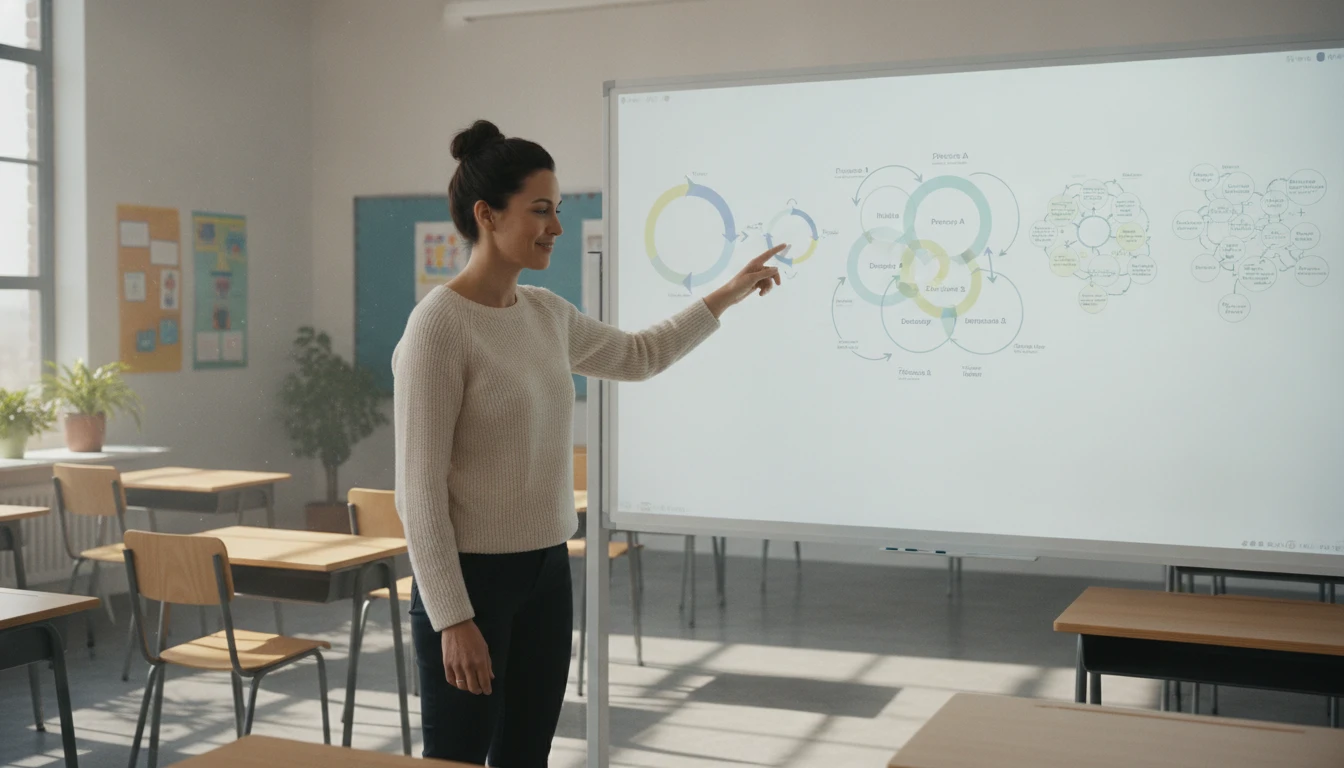 Teacher explaining the same concept to five different age groups with adapted diagrams on a whiteboard