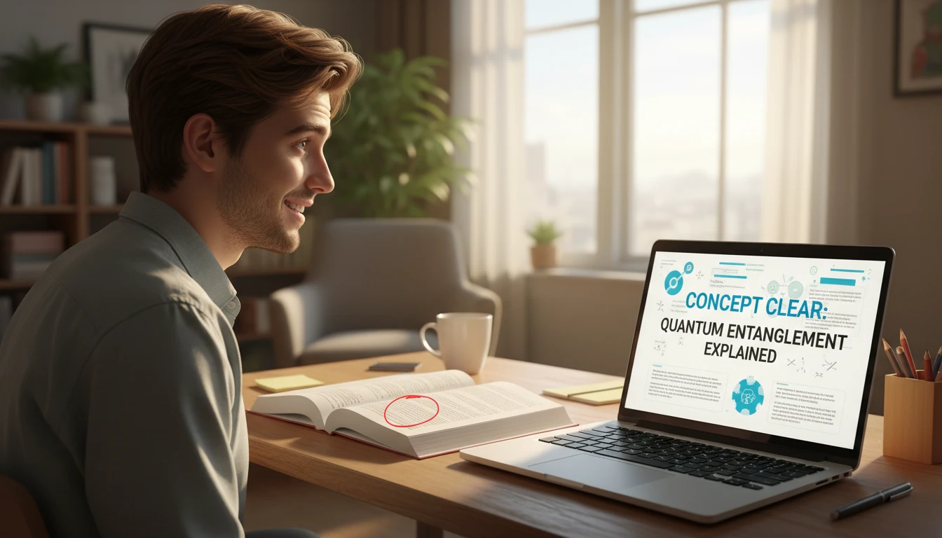 Student at a desk clarifying a difficult concept on a laptop before studying