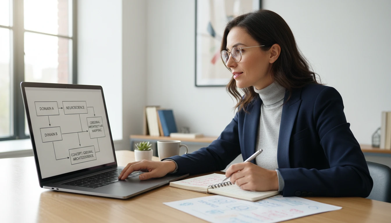 Professional at a desk learning a new domain concept on a laptop with a notebook open