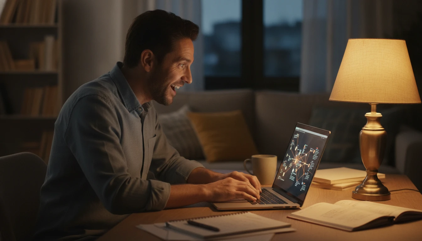 Curious adult at a home desk exploring an interesting concept on a laptop in the evening