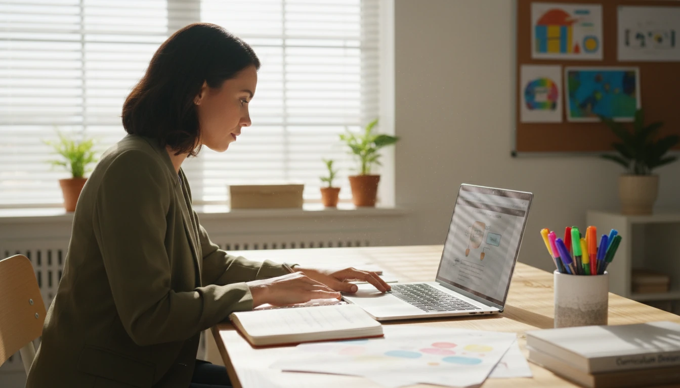 Teacher at a desk reviewing a concept explanation on a laptop to prepare a lesson