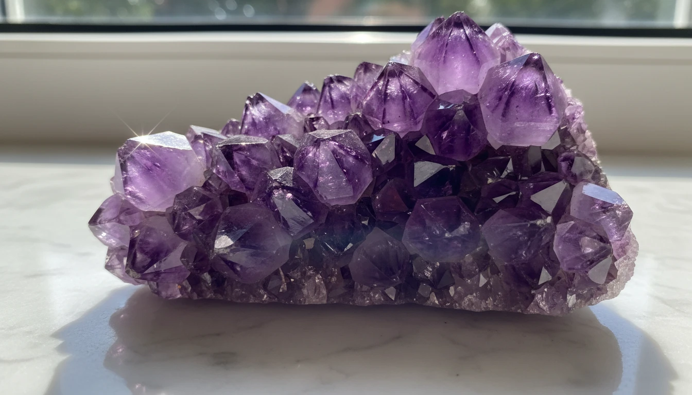 Close-up of a large amethyst crystal cluster with deep purple colour in natural light