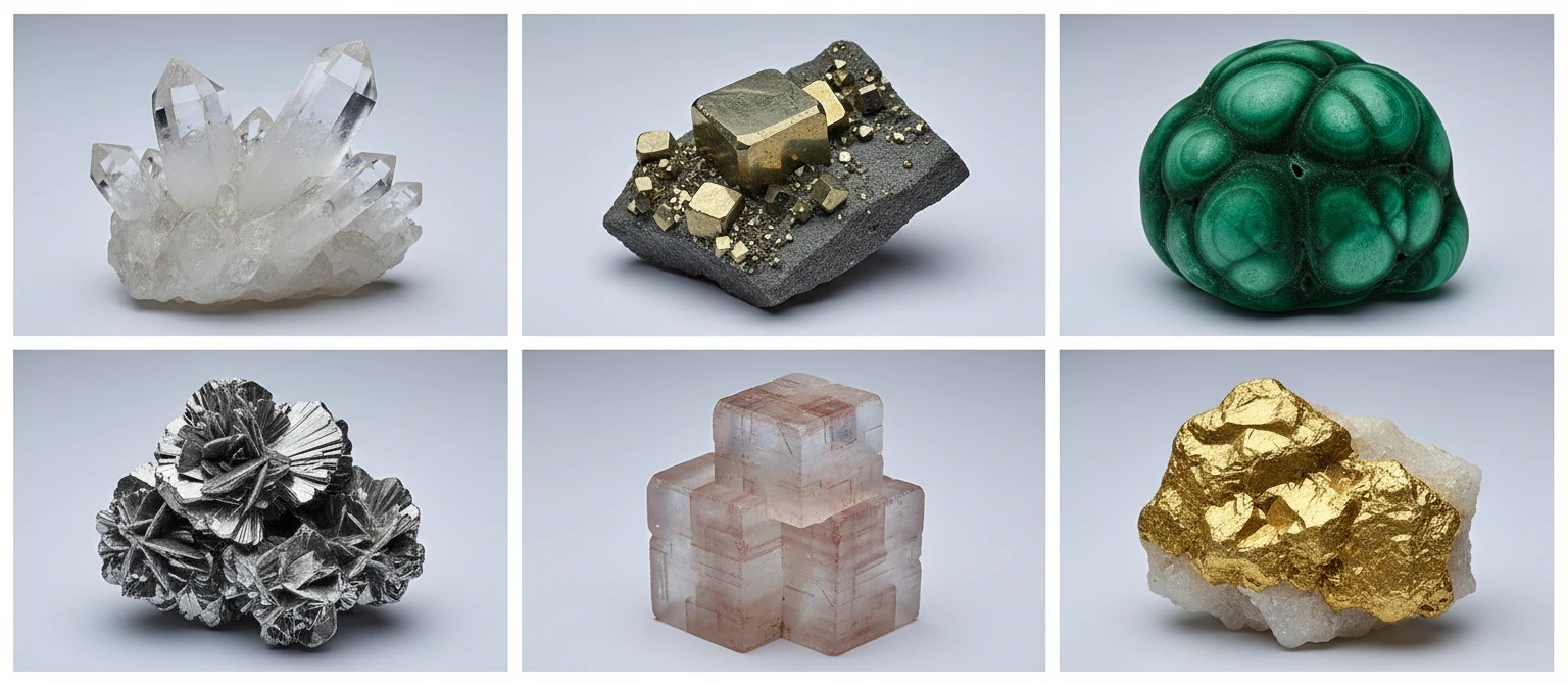 Photo collage of six mineral class representatives: quartz crystal (silicate), pyrite cubes (sulfide), malachite (carbonate), hematite (oxide), halite crystals (halide), and native gold (native element)