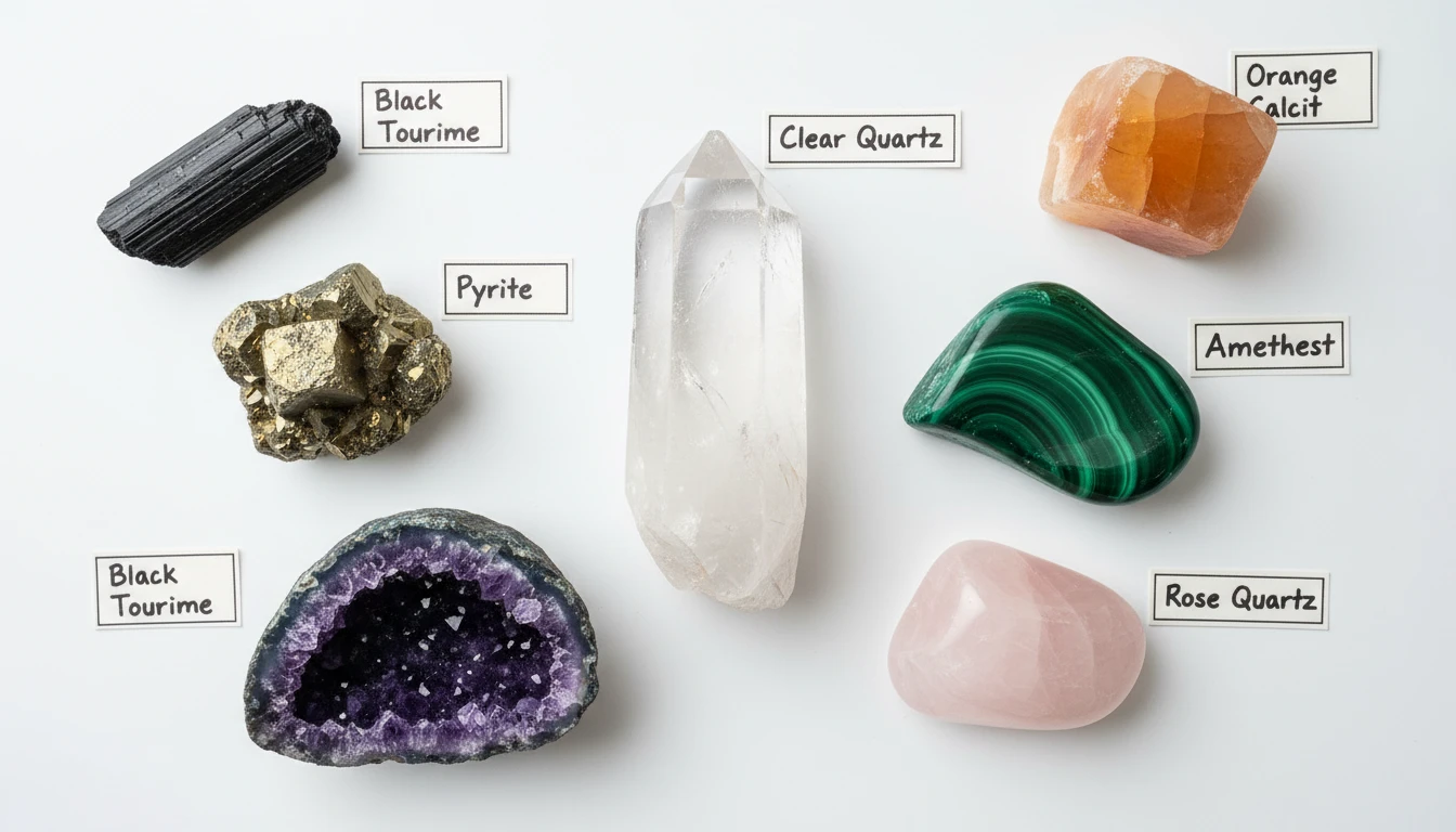 Collection of labelled mineral specimens on a geology table including quartz, pyrite, amethyst, and malachite