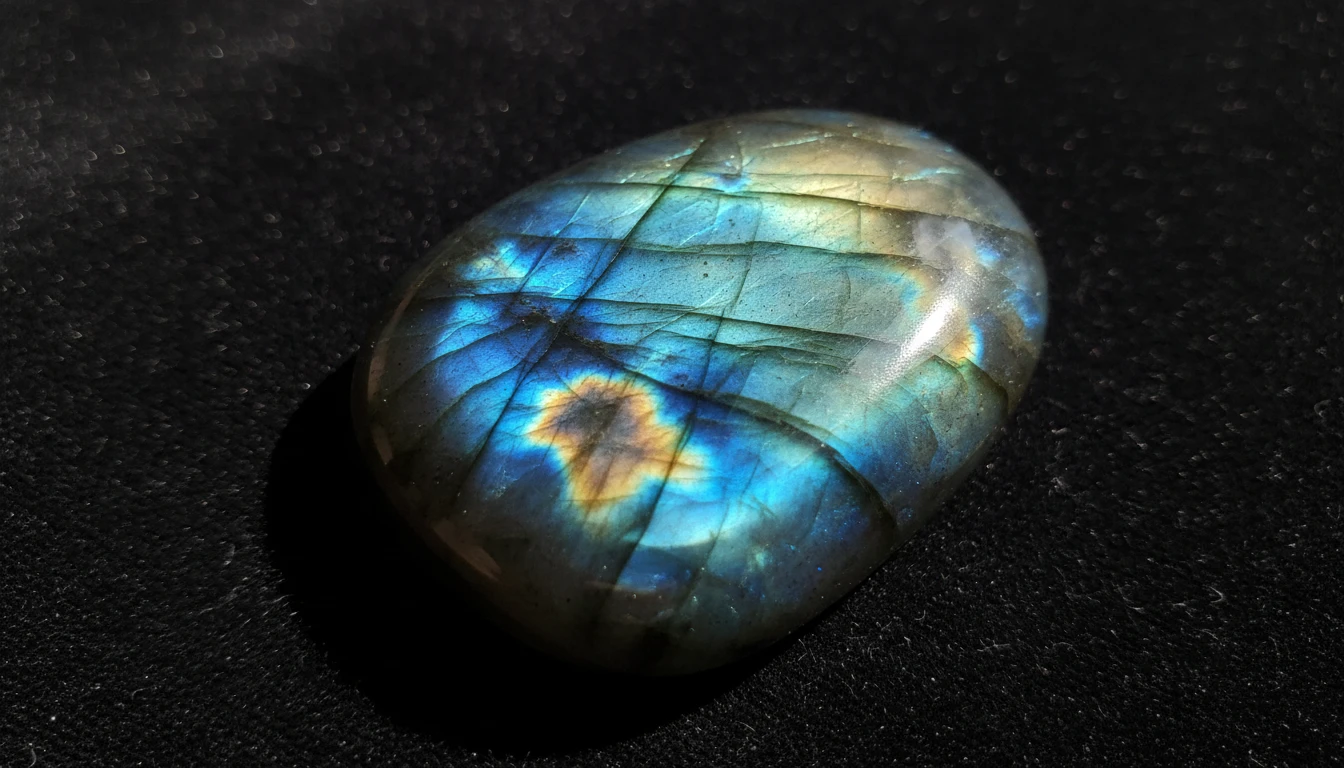 Labradorite specimen showing vivid blue-green labradorescence light play across its surface