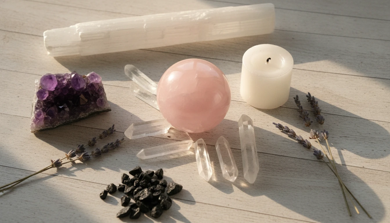 Crystal healing arrangement with various stones including rose quartz, clear quartz, and amethyst on a wooden surface
