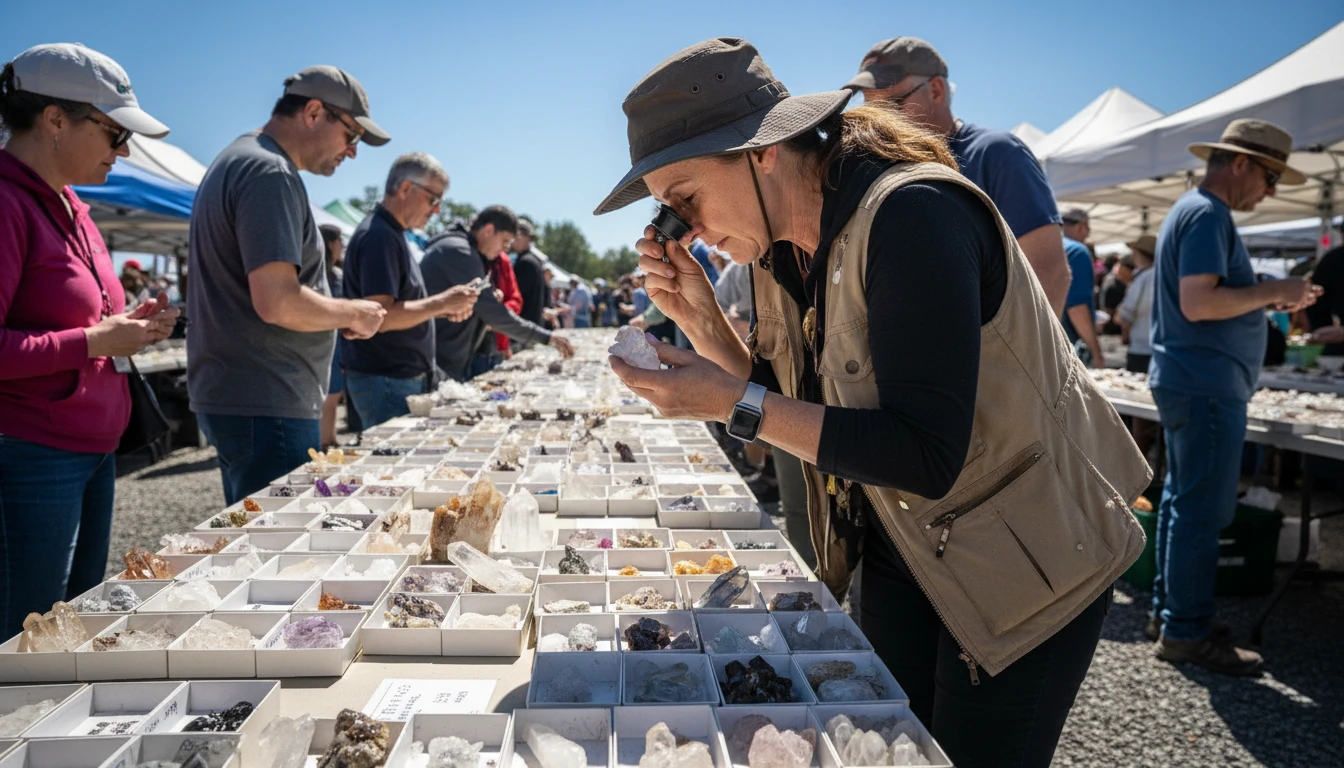 Person examining mineral specimens at an outdoor rock and gem show table