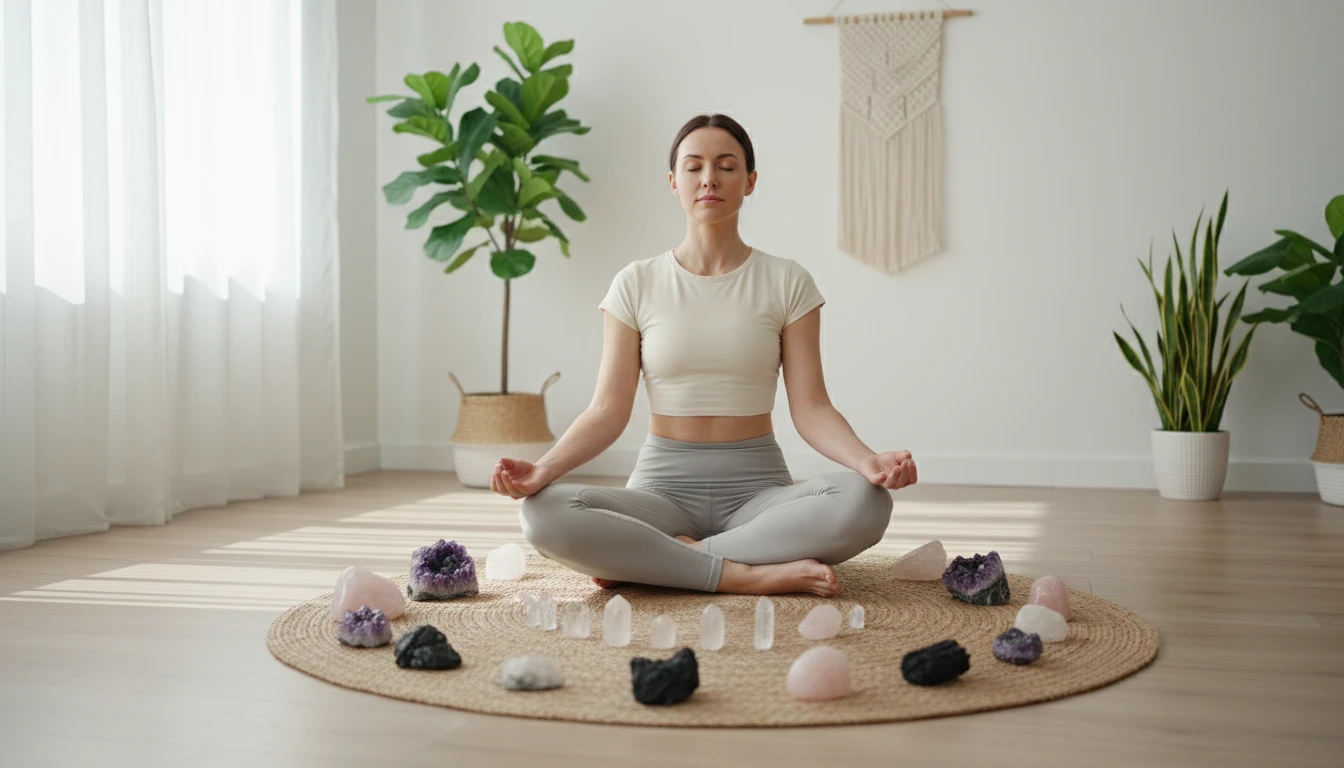 Person meditating with crystals placed on a yoga mat in a calm wellness space