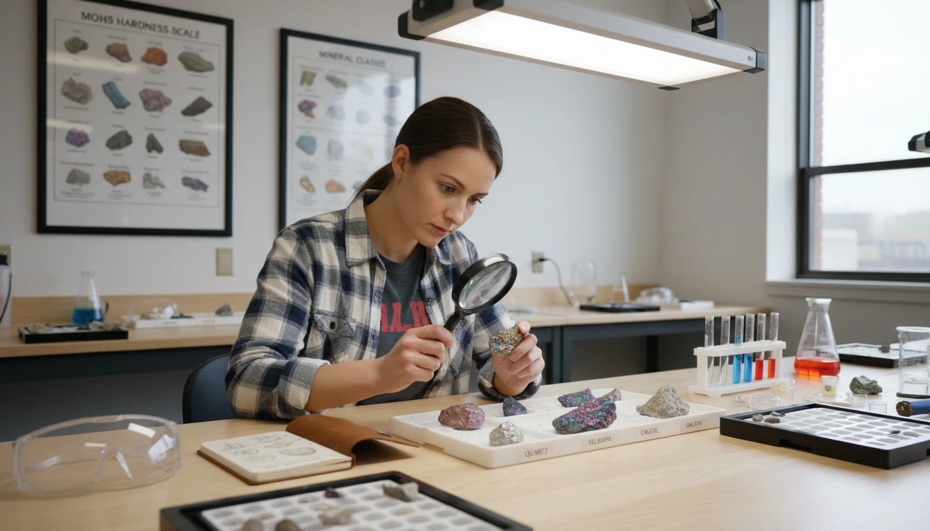 Geology student examining mineral specimens in a university laboratory with reference books