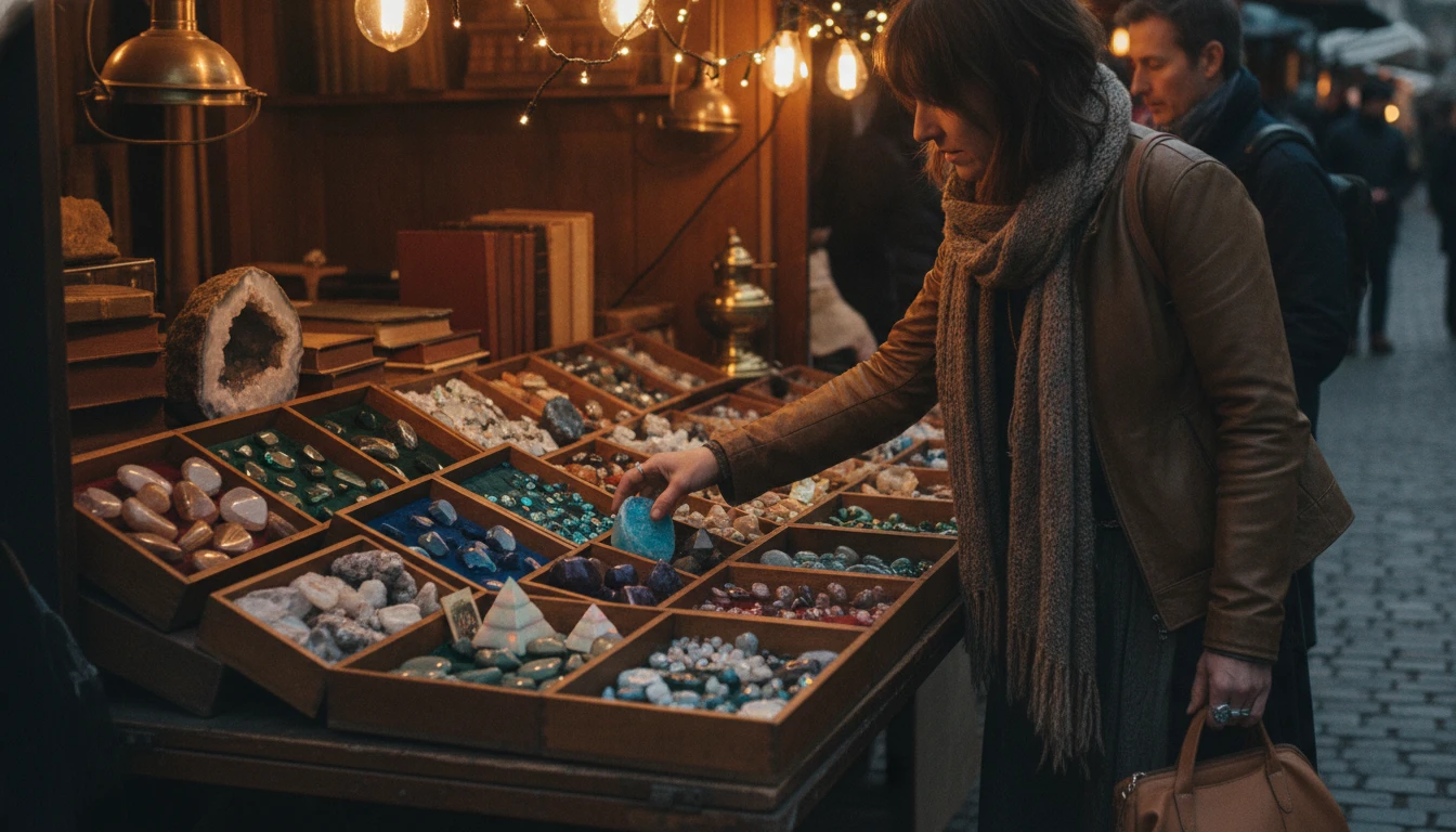 Person browsing mineral specimens and gemstones displayed at an antique market stall