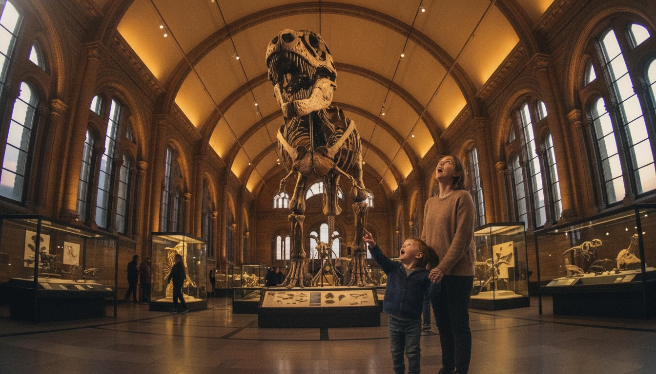 Child and parent examining a Tyrannosaurus Rex skeleton at a natural history museum