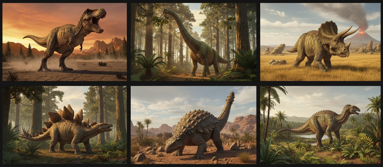 Photo collage of six iconic dinosaur species representing the major groups: T. Rex, Brachiosaurus, Triceratops, Stegosaurus, Ankylosaurus, and Iguanodon