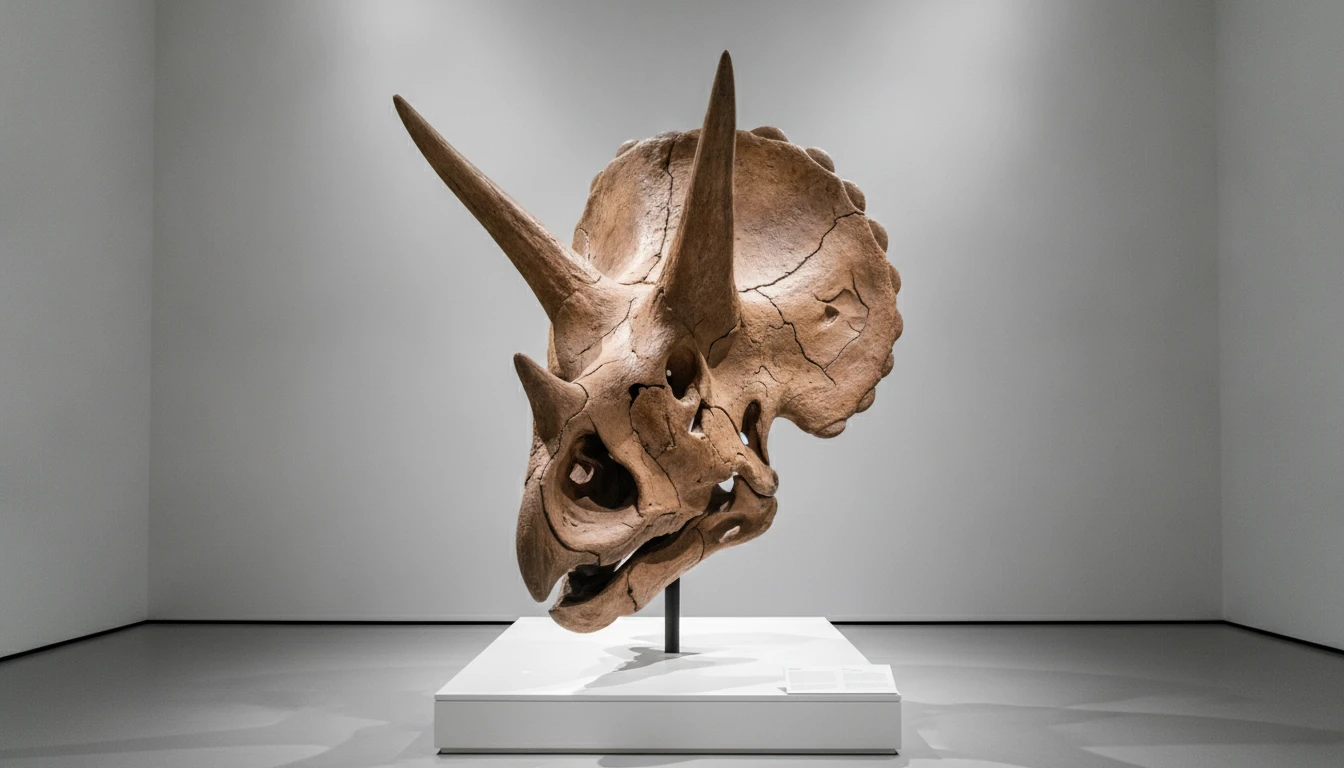 Triceratops skull fossil on display in a museum with detailed bone structure visible
