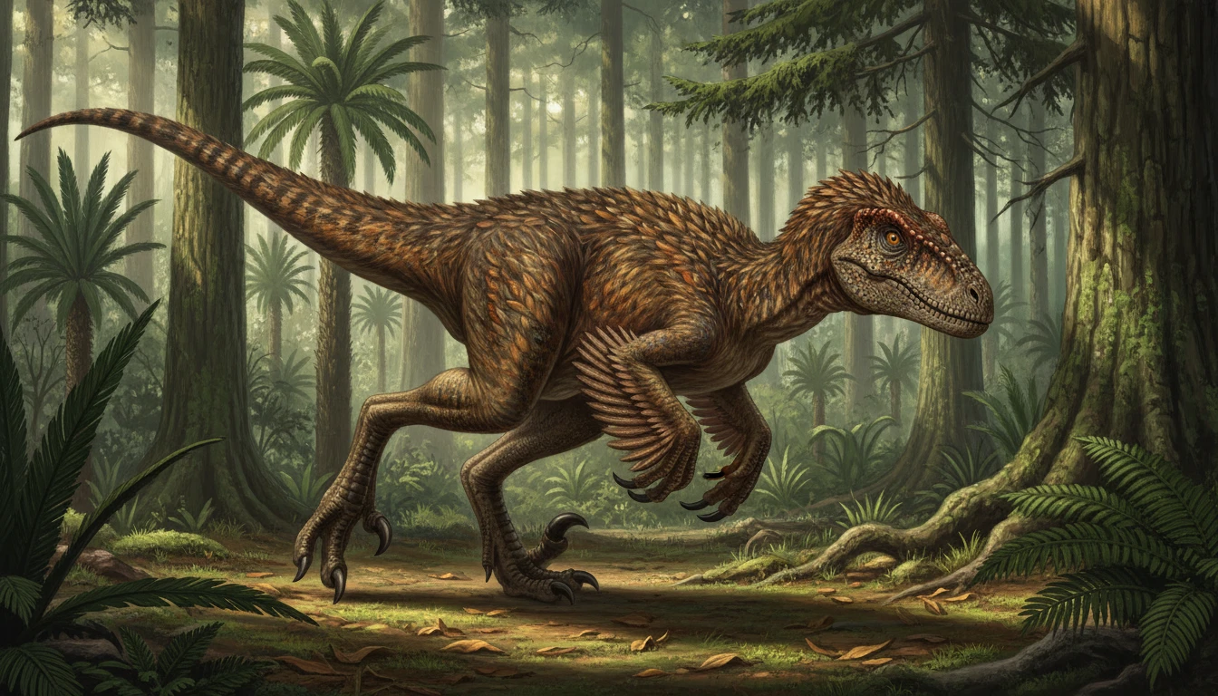 Detailed life reconstruction illustration of a Velociraptor showing feathers, claws, and body proportions