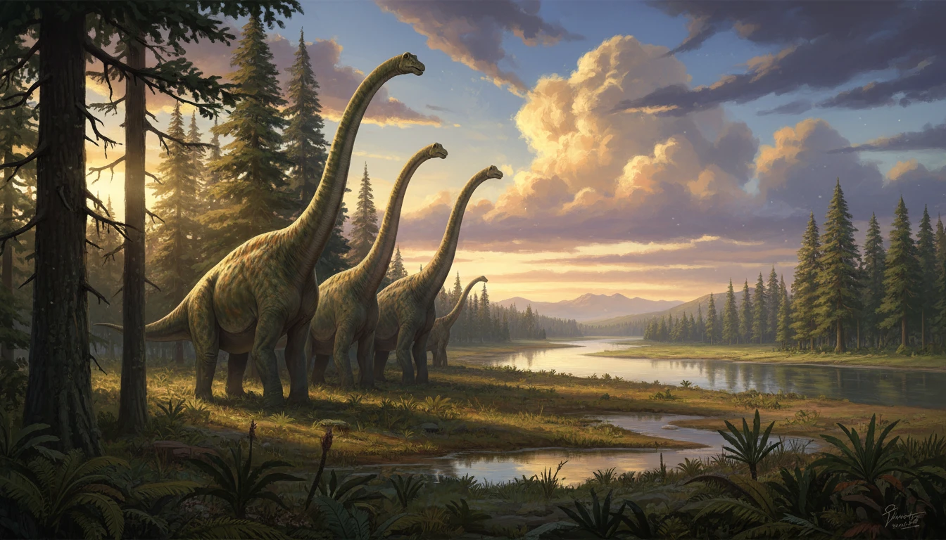 Herd of Brachiosaurus dinosaurs feeding in a Jurassic floodplain landscape