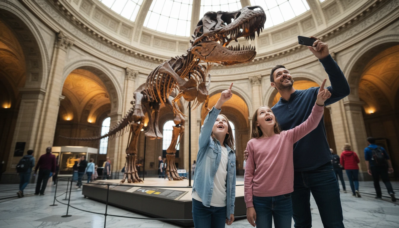 Family photographing a dinosaur skeleton display at a natural history museum