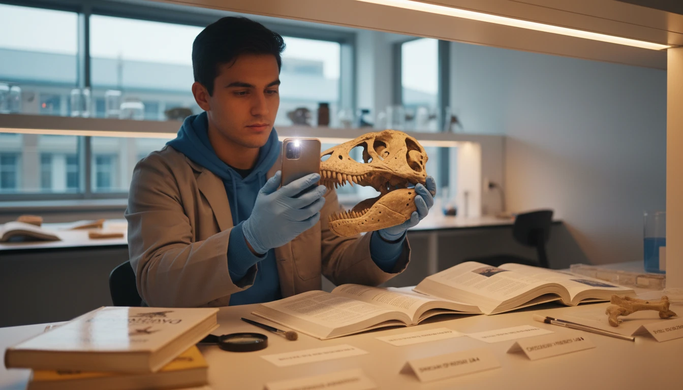 Palaeontology student examining a fossil cast and photographing it for study