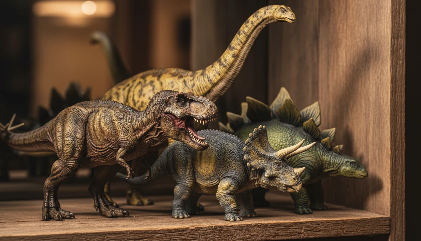 Collection of detailed dinosaur models and figurines on a display shelf