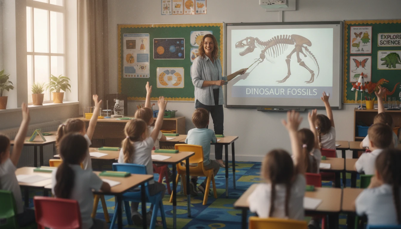 Teacher showing students a dinosaur fossil image on a classroom projector during a science lesson