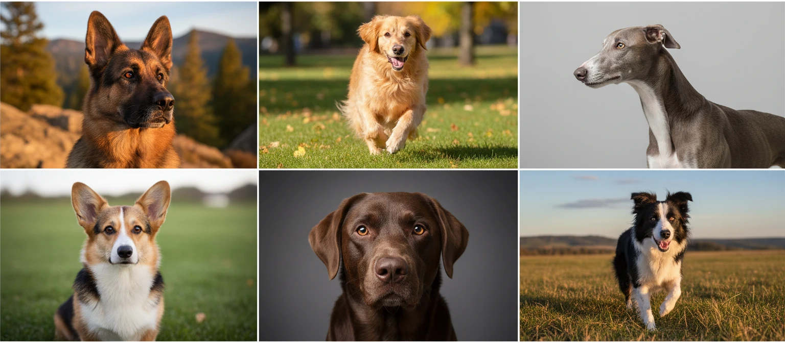 Diverse collection of dog breeds showing different sizes, coat types, and physical features
