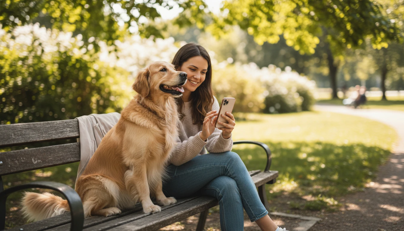 Owner sitting with a golden retriever and looking up breed information on a phone
