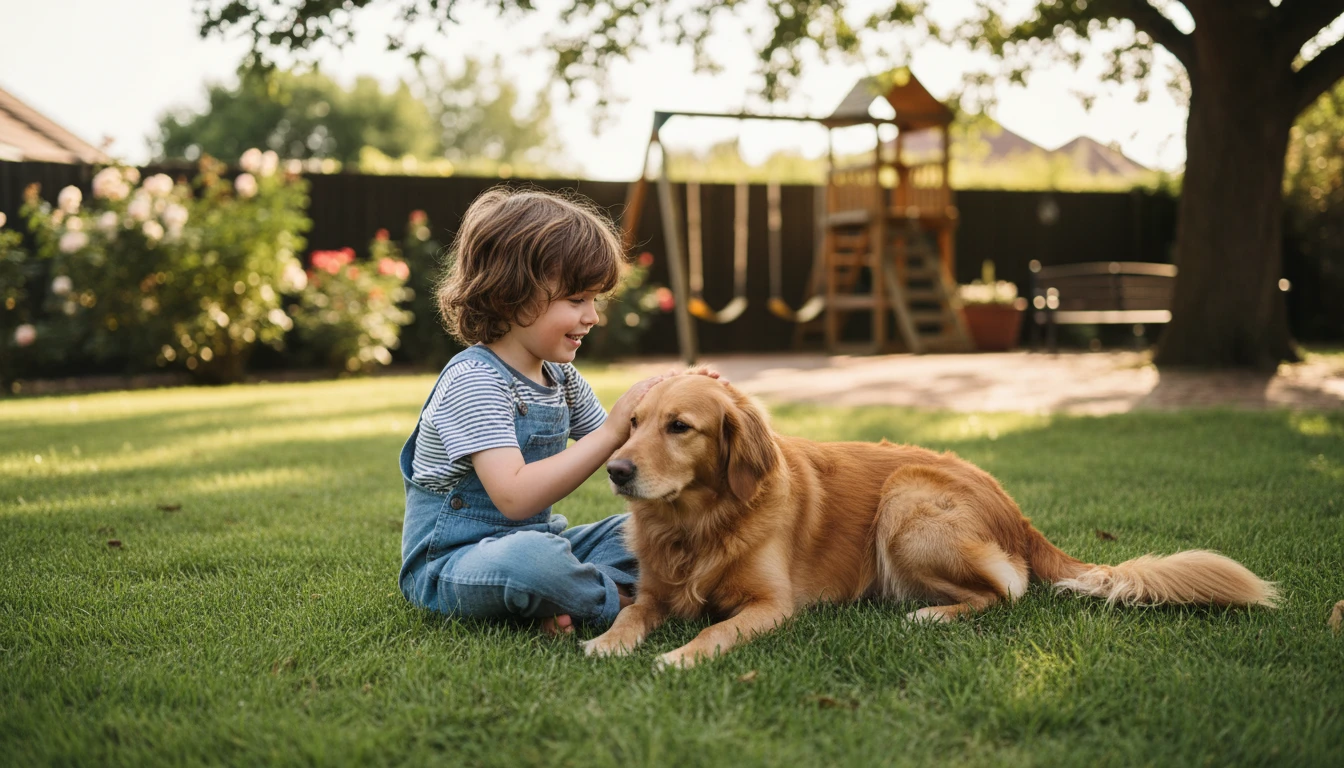 Playful dog interacting with a child in a bright family garden