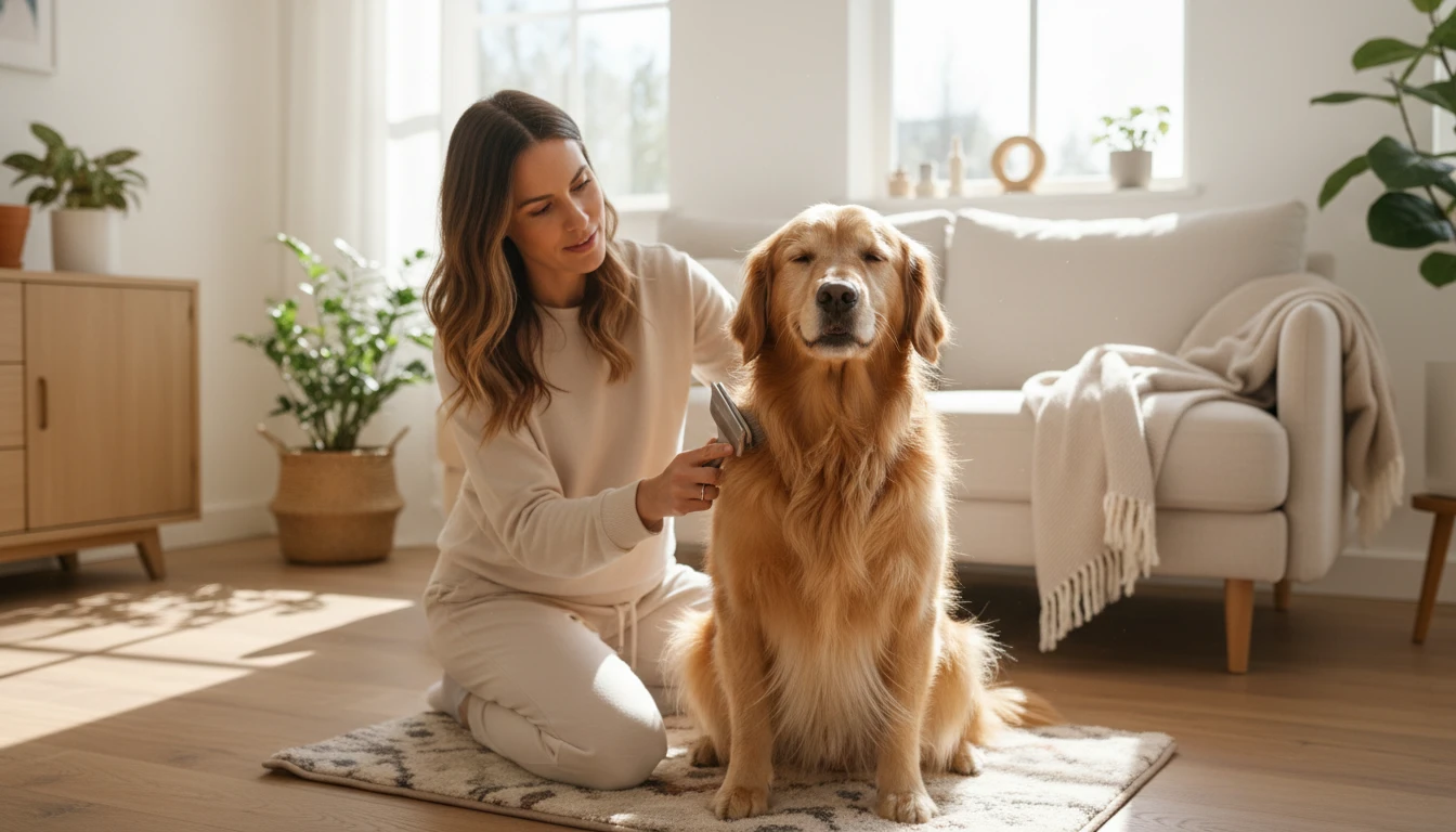 Dog owner gently grooming a long-haired dog with a brush at home