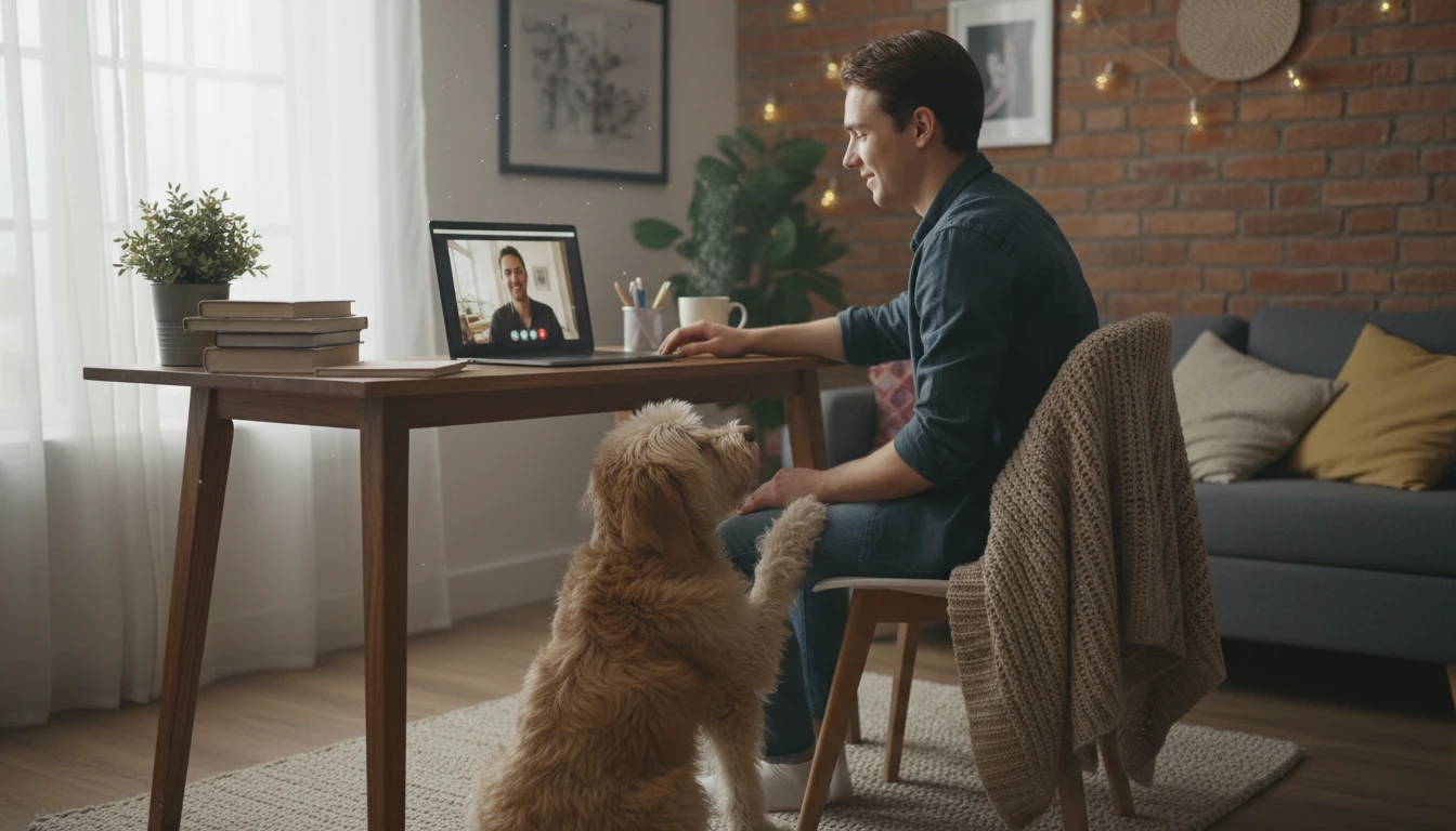 New dog owner holding a rescue dog and researching breed information on a laptop at home