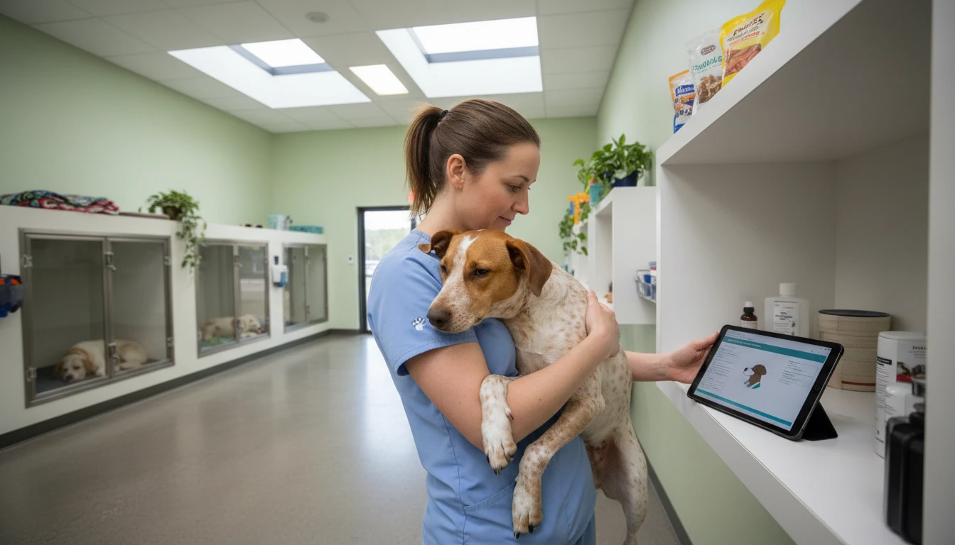 Animal shelter worker holding a dog while reviewing breed information on a tablet