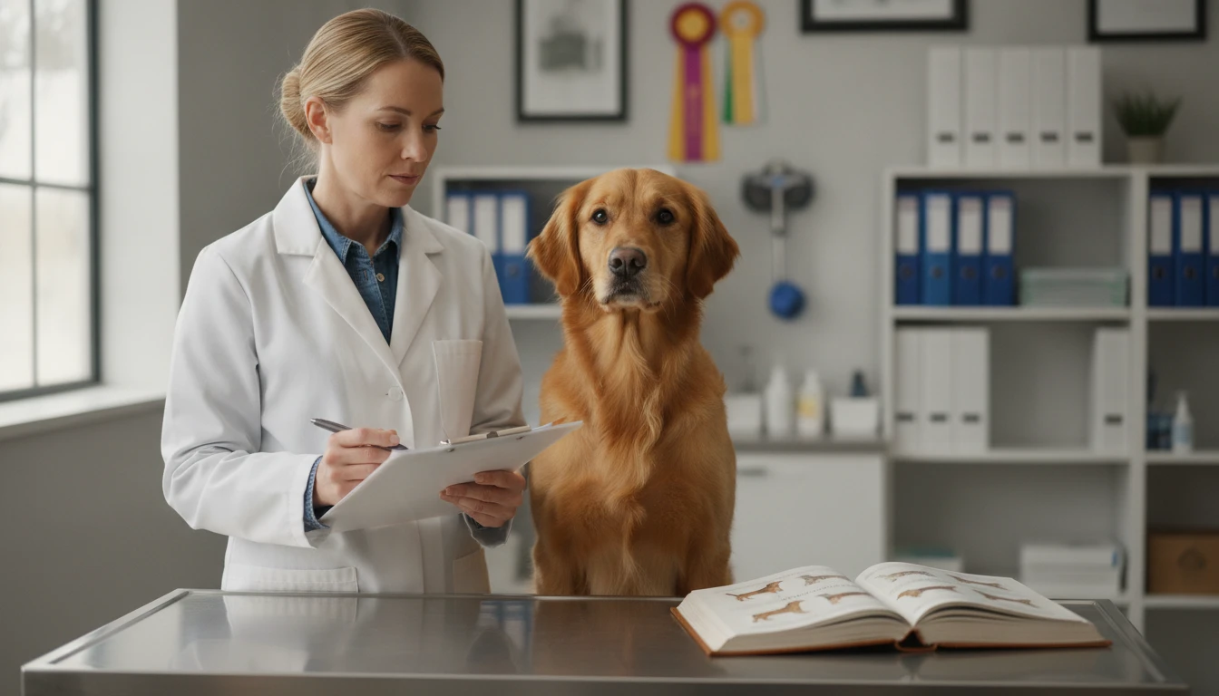 Dog breeder reviewing breed standard documentation beside a purebred dog on a show table
