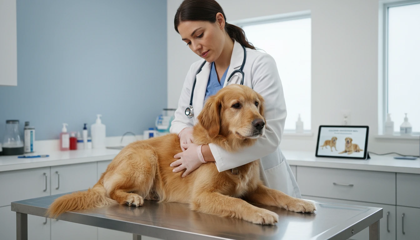 Veterinarian examining a dog in a clinic while reviewing breed information on a tablet