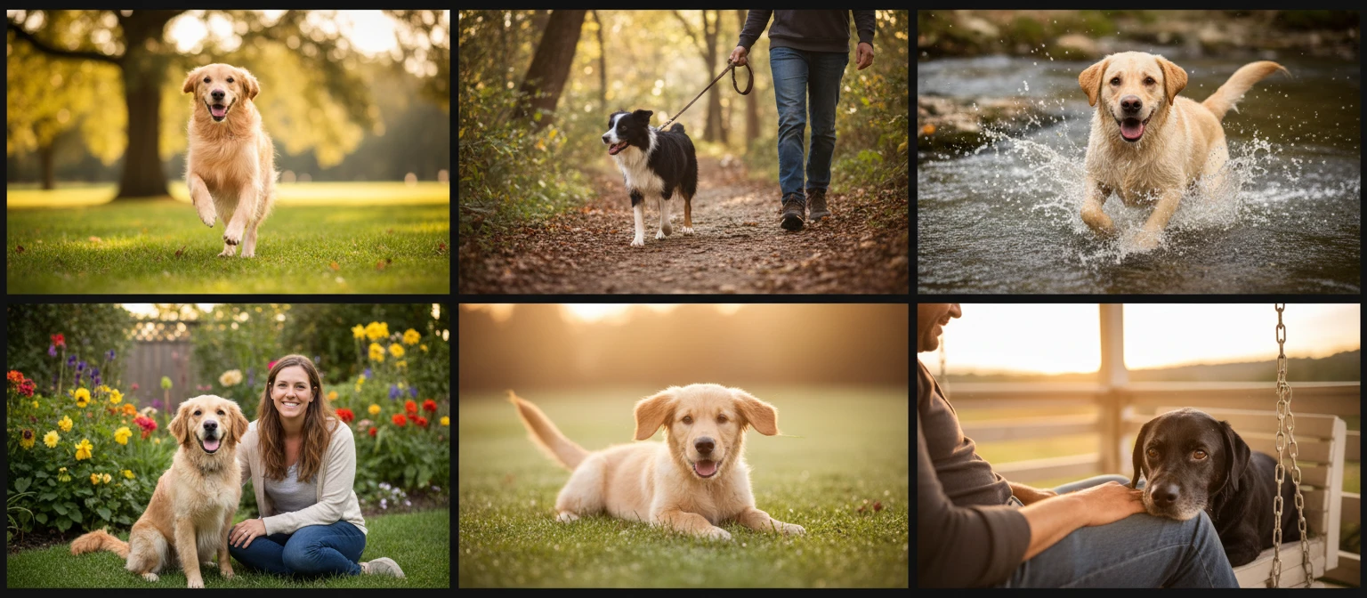 Photo collage of happy dogs in outdoor settings with their owners