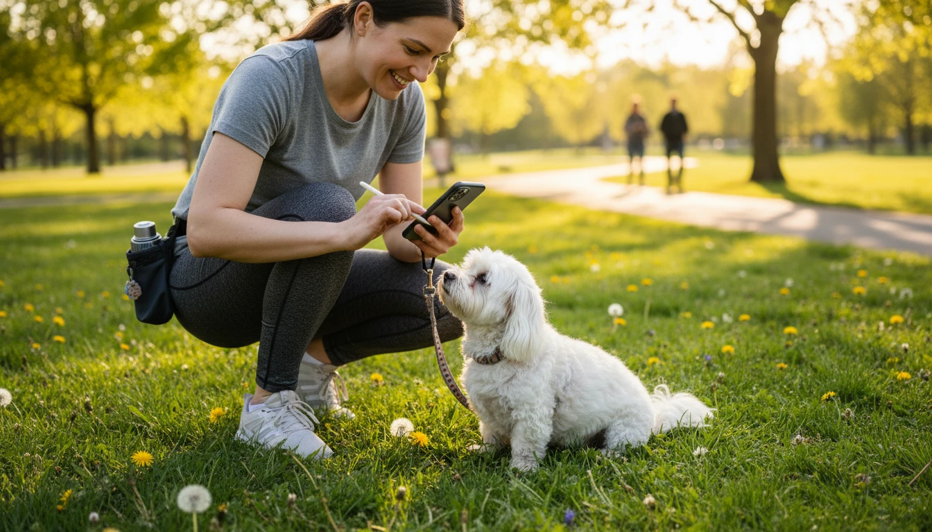 Dog owner in a park writing notes on a phone about their dog's health after a walk