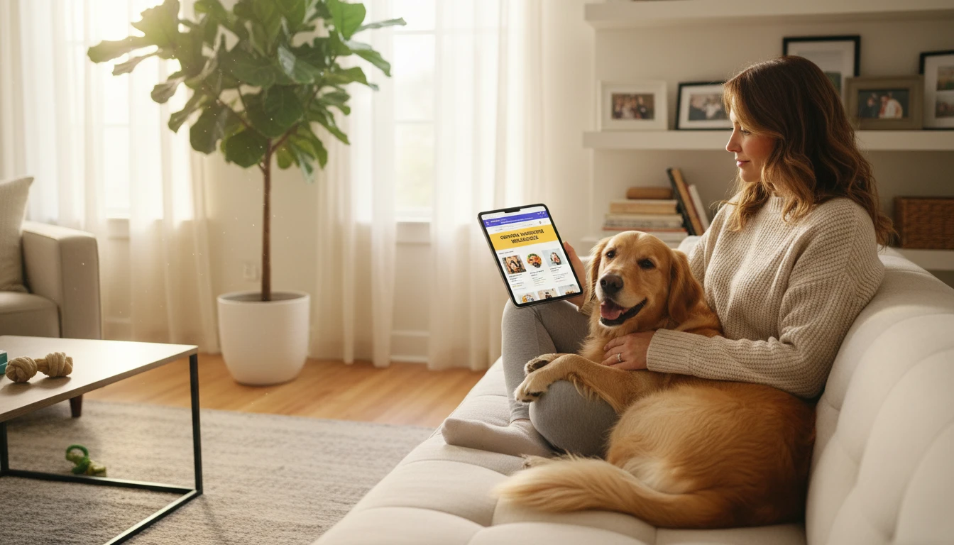 Dog owner at home reading pet health information on a tablet beside their dog on a sofa
