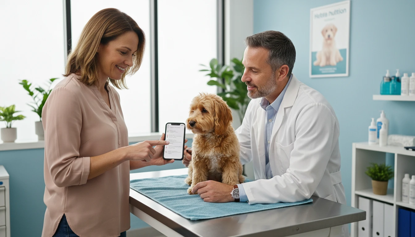 Dog owner at a veterinary clinic showing a phone with pet health notes to a vet during a check-up