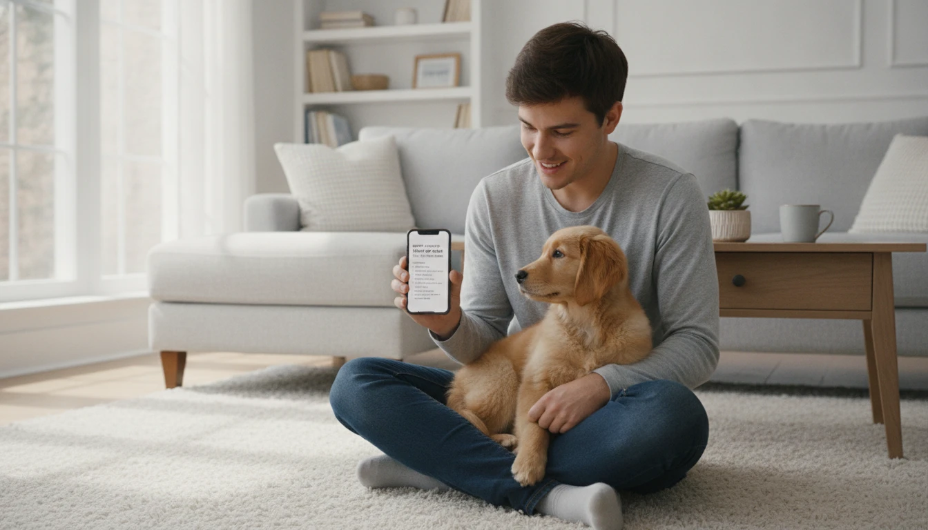 New dog owner at home with a puppy, reading pet care information on a phone