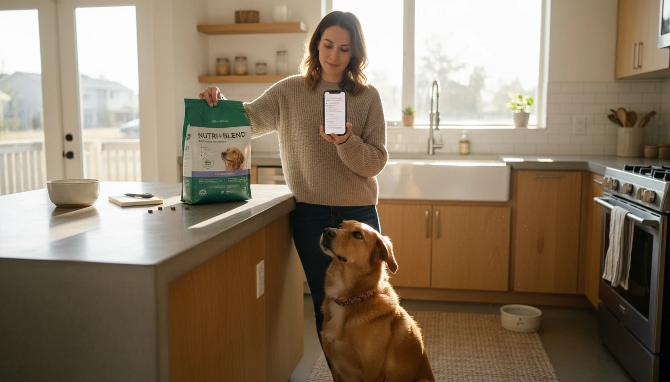 Dog owner at a kitchen counter reviewing their dog's new food packaging and taking notes on a phone