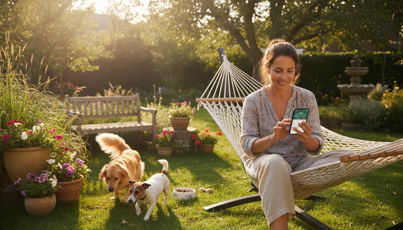 Dog owner in a garden with two dogs of different breeds, logging pet health notes on a phone