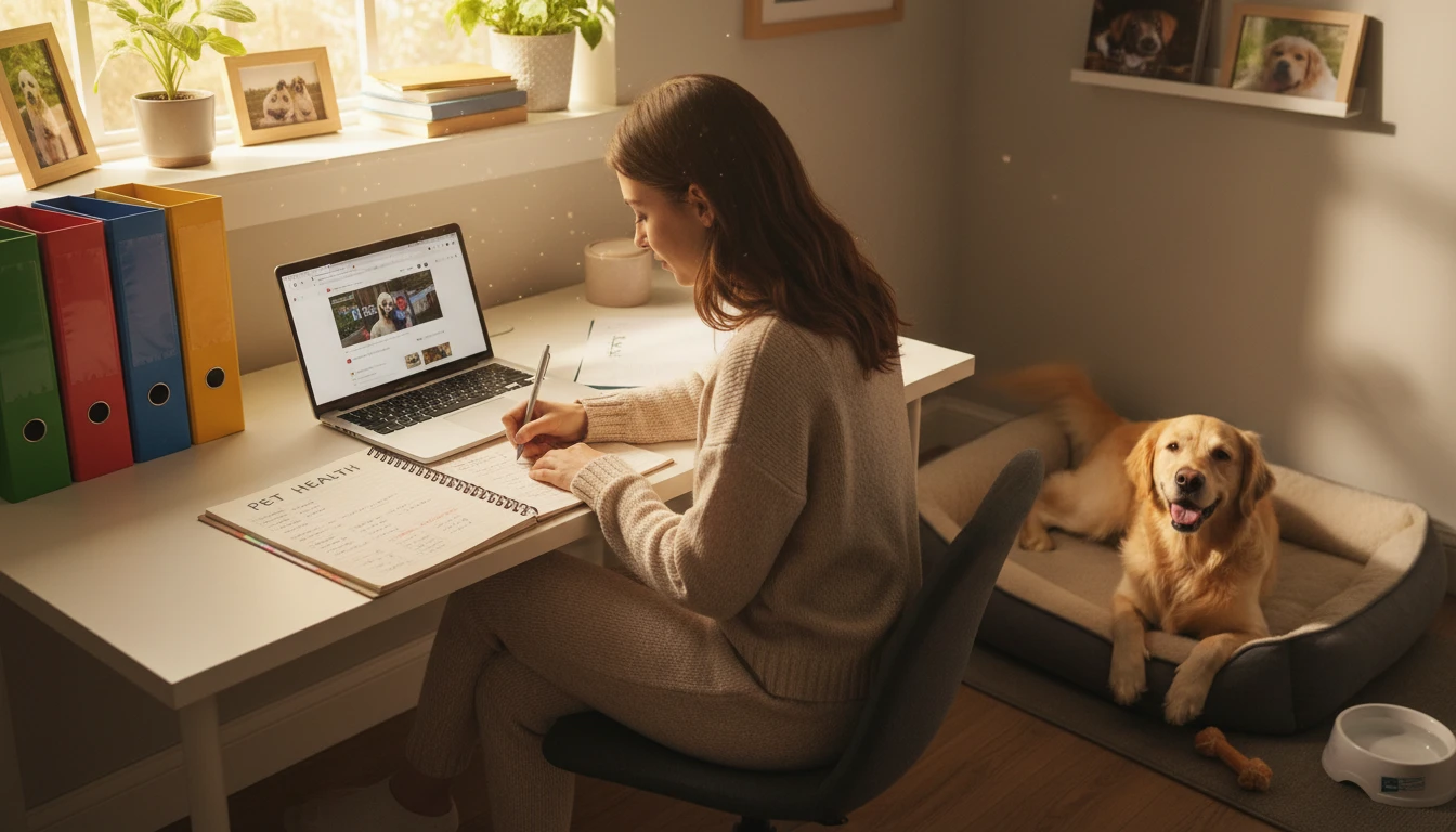 Dog owner at a desk organising pet health records in a notebook beside a laptop with their dog sitting nearby