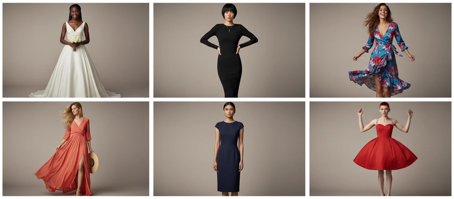 Fashion editorial photo collage showing ten different dress styles including A-line, bodycon, wrap, maxi, sheath, fit-and-flare, shift, off-shoulder, empire waist, and midi dresses
