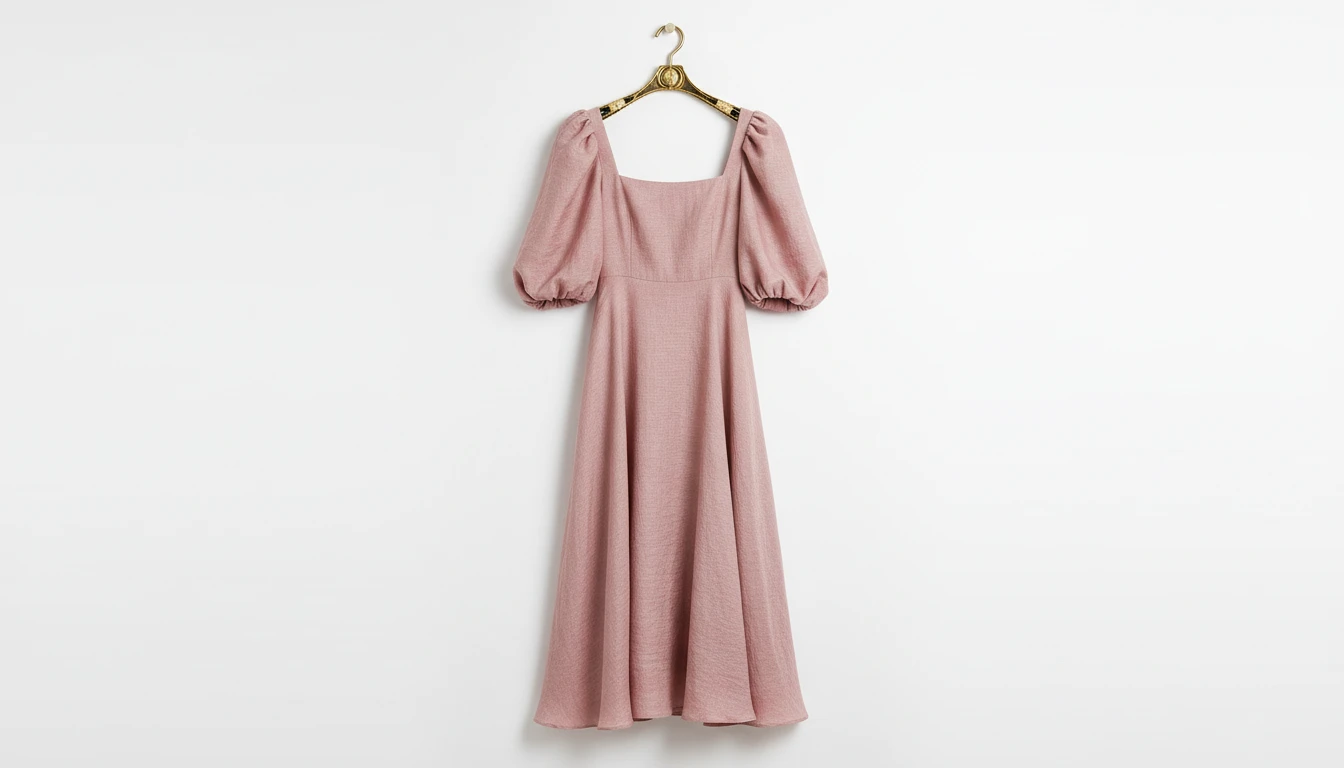 Elegant A-line midi dress in dusty rose displayed on a clothing hanger against a clean white background