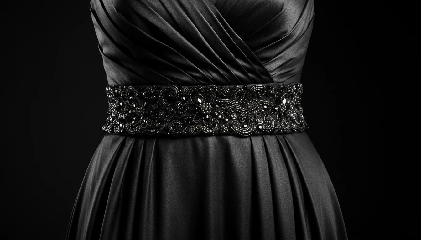 Close-up detail shot of a black evening gown showing the fabric texture, ruching, and embellishment details