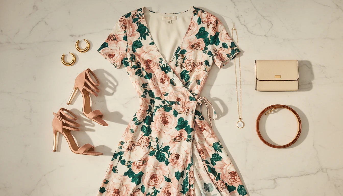 Fashion flat-lay showing a wrap dress alongside coordinating heels, jewellery, and a clutch bag