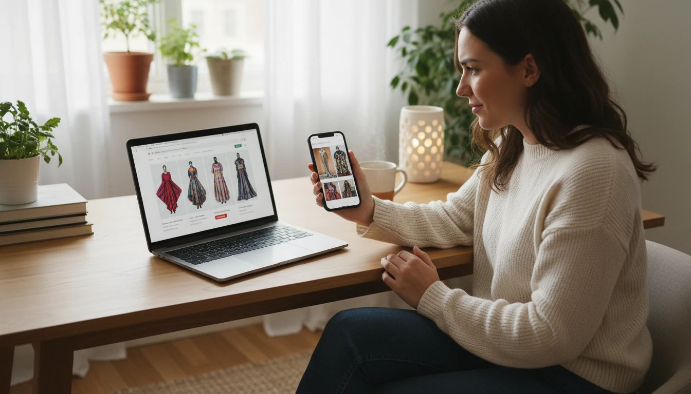 Person scrolling through dress styles on a phone while shopping online on a laptop