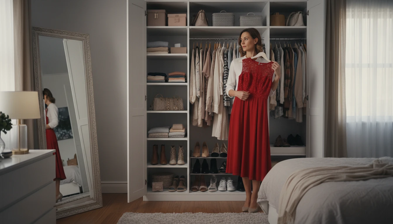 Person holding up a dress against themselves in front of a wardrobe mirror trying to decide on an outfit