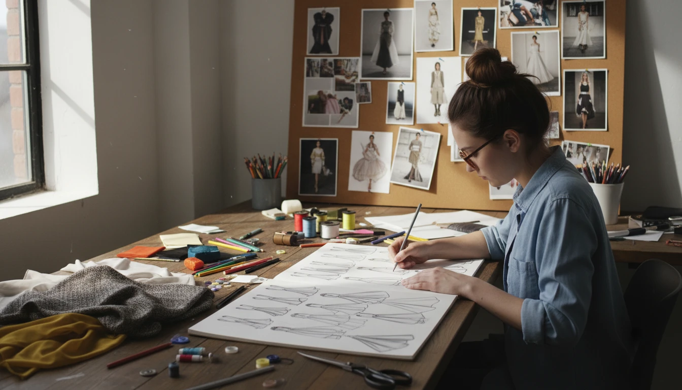 Fashion student sketching dress silhouettes with reference photos spread across a studio desk